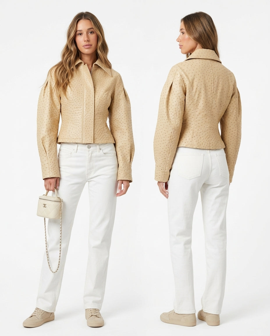 Sand Poise Summer Textured Jacket Sand Jacket with Cropped silhouette and Structured texture, clean studio product view for Office Edit, Evening in Amalfi, Euro Chic Premium by Mesadic