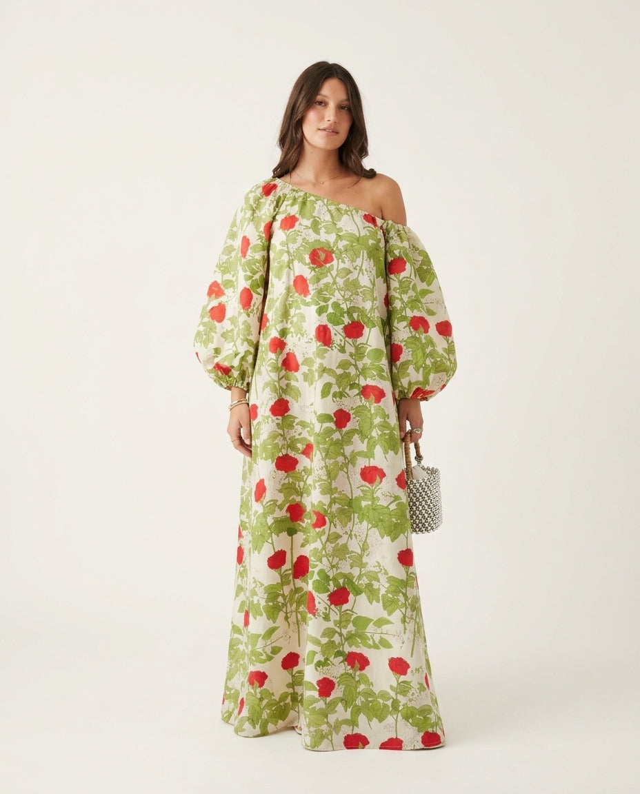 Ivory Reverie Resort Floral Maxi Dress Ivory Maxi Dress with Relaxed Fit silhouette and Linen Blend texture, clean studio product view for Resort Wear, Sunset in Malibu, US Coastal Glam by Mesadic