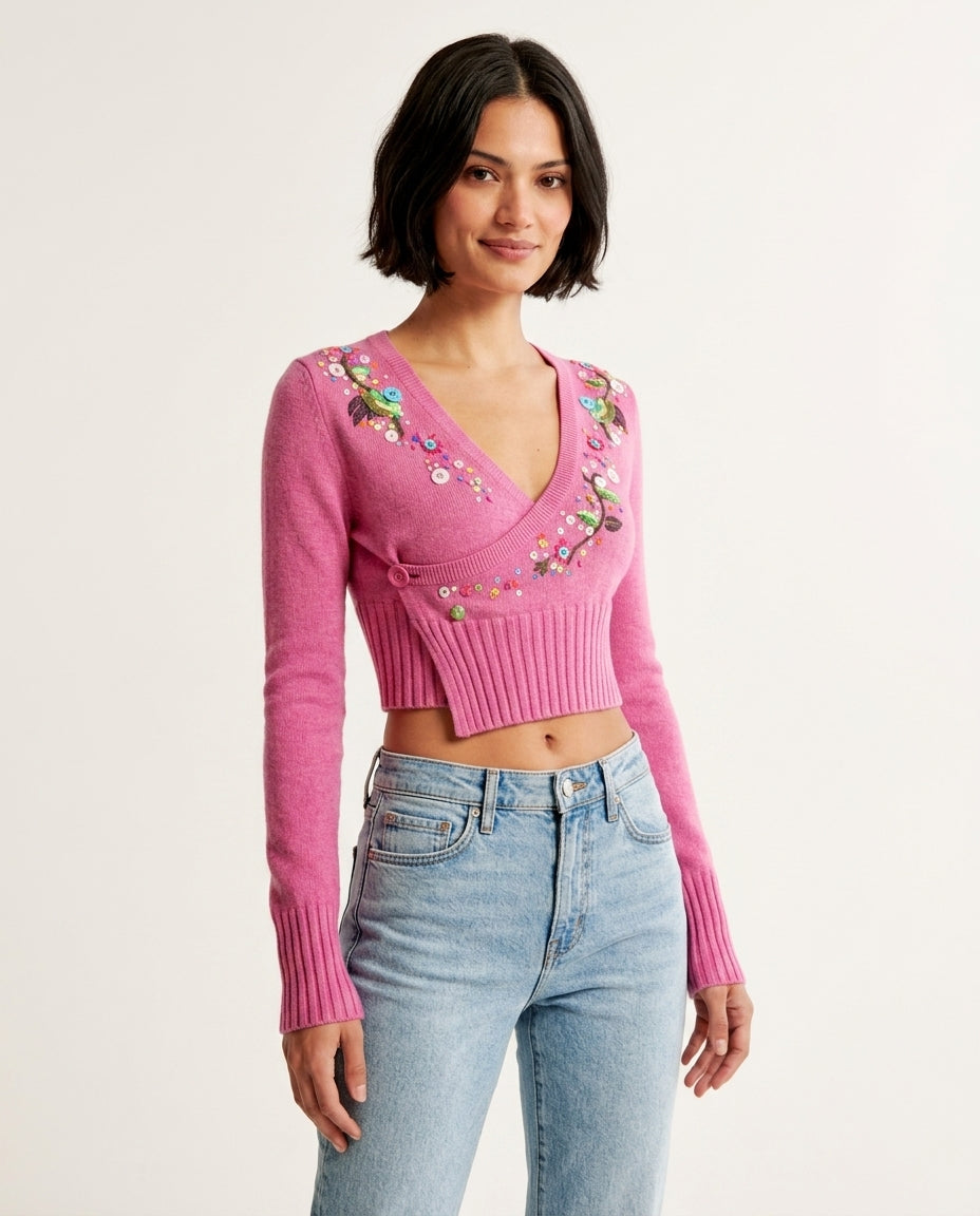 Pink Lustre Embroidered Top Pink Top with Asymmetric silhouette and Textured texture, clean studio product view for City Lunch, a private garden lunch, US East / Hamptons Elite by Mesadic