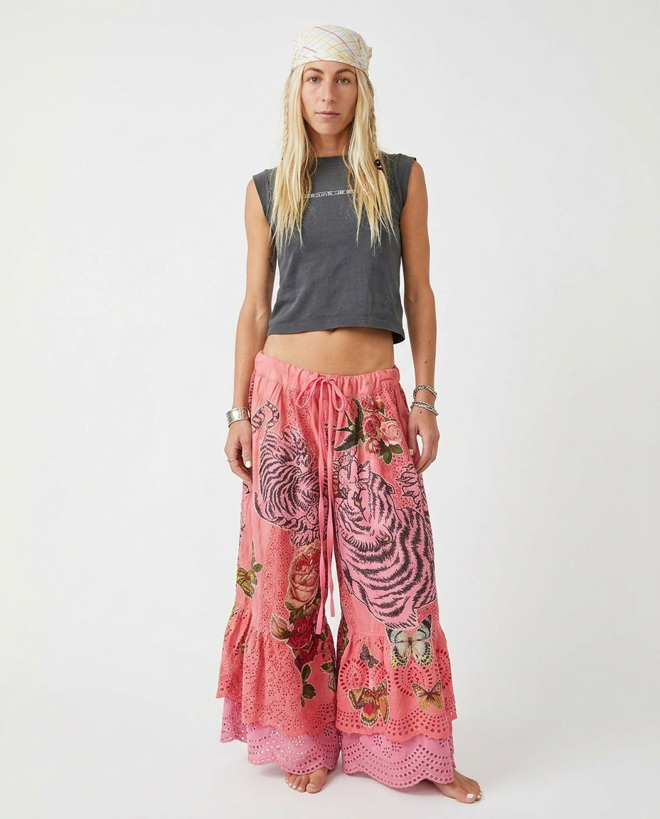 Pink Gleam Resort Eyelet Pants Pink Pants with Asymmetric silhouette and Textured texture, clean studio product view for Resort Wear, Evening in Amalfi, Euro Chic Premium by Mesadic