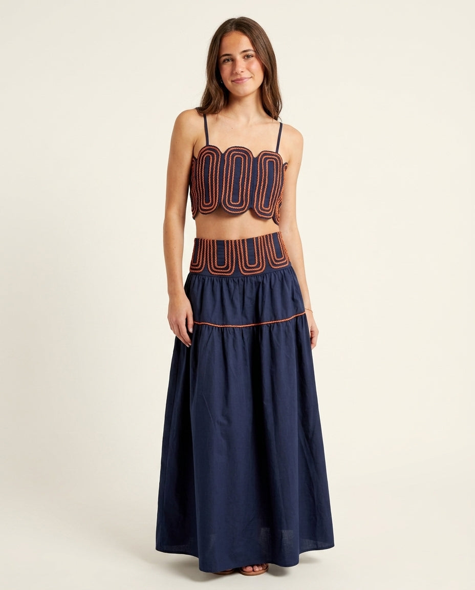 Navy Solace Resort Embroidered Skirt Set Navy Skirt Set with Asymmetric silhouette and Textured texture, clean studio product view for Resort Wear, Weekend in The Hamptons, US East / Hamptons Elite by Mesadic