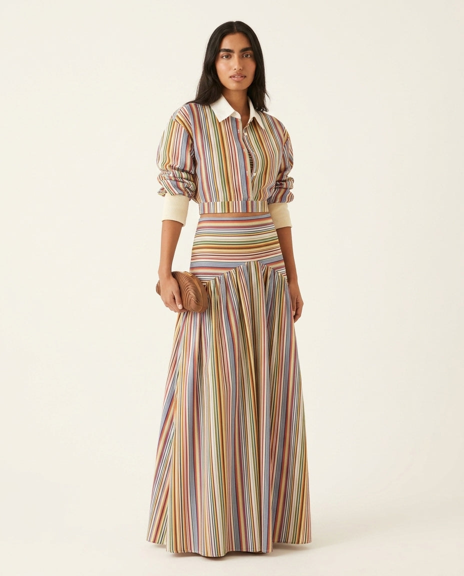 Multicolor Muse Striped Skirt Set Multicolor Skirt Set with Asymmetric silhouette and Textured texture, clean studio product view for Beach Dinner, a private garden lunch, US East / Hamptons Elite by Mesadic