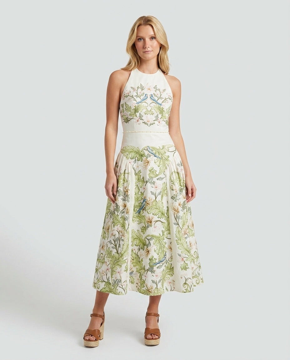 Ivory Lustre Evening Printed Maxi Dress Ivory Maxi Dress with Asymmetric silhouette and Linen Blend texture, clean studio product view for Resort Wear, Evening in Amalfi, Euro Chic Premium by ads.floravincie