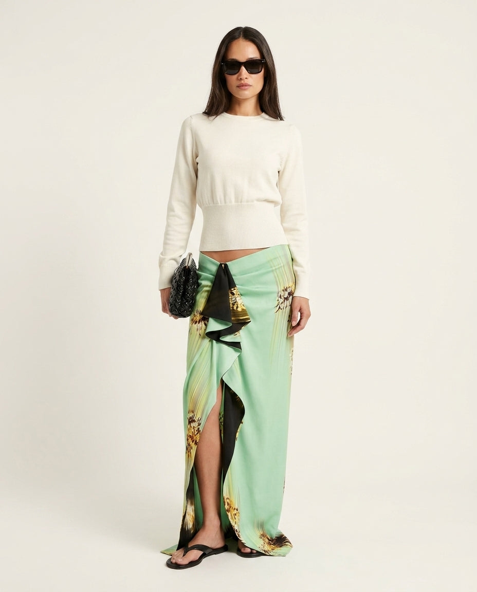 Ivory Lustre Summer Floral Skirt Set Ivory Skirt Set with Asymmetric silhouette and Ribbed Knit texture, clean studio product view for Vacation Set, a rooftop dinner in LA, US Coastal Glam by ads.floravincie