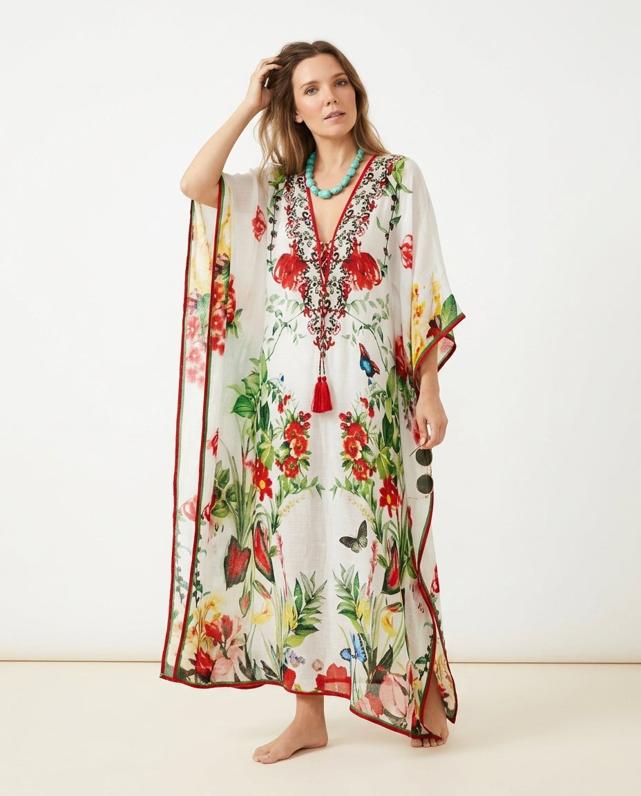 Ivory Glow Resort Embroidered Maxi Dress Ivory Maxi Dress with Relaxed Fit silhouette and Textured texture, side or back garment view for Resort Wear, a private garden lunch, US East / Hamptons Elite by ads.floravincie