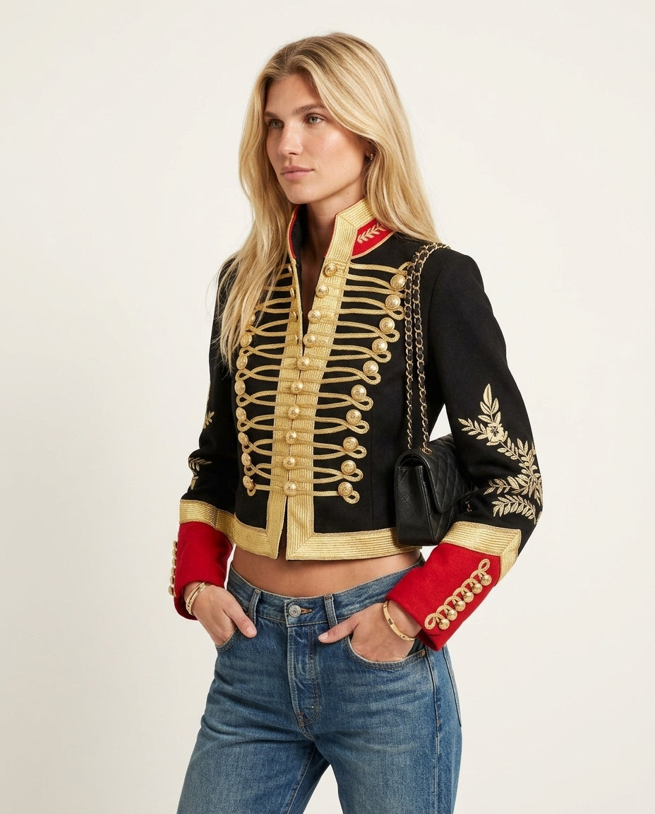 Black Velvet Summer Embroidered Jacket Black Jacket with Tailored silhouette and Textured texture, side or back garment view for Business Casual, an estate dinner at golden hour, US East / Hamptons Elite by ads.floravincie