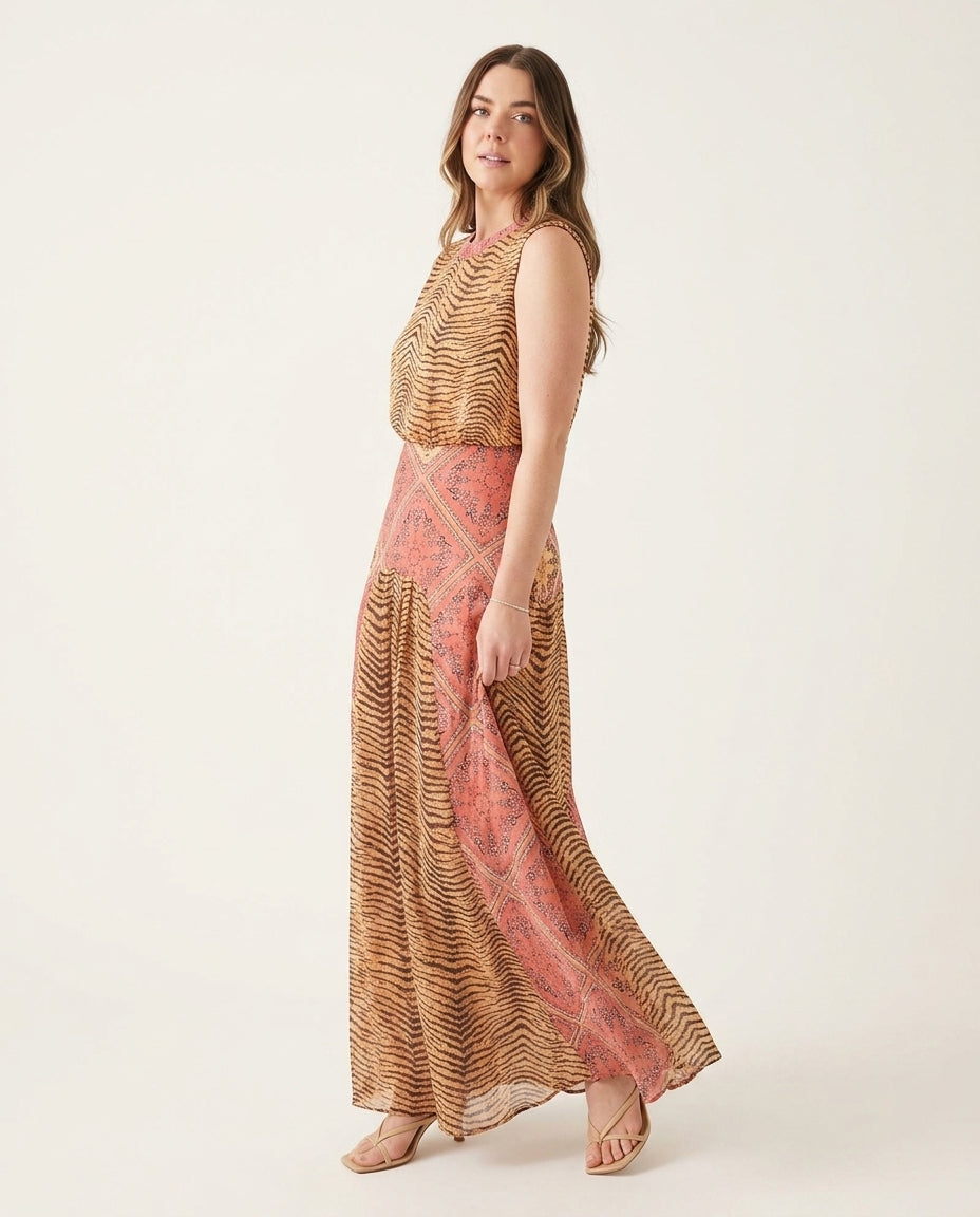 Sand Aura Resort Printed Maxi Dress Sand Maxi Dress with Relaxed Fit silhouette and Textured texture, side or back garment view for Resort Wear, a London dinner reservation, Euro Chic Premium by ads.floravincie