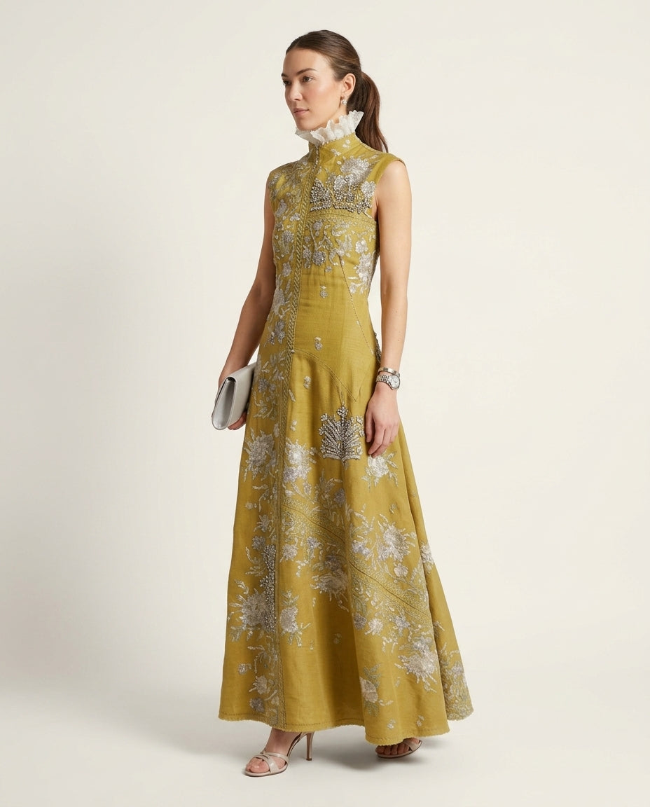 Olive Green Glow Summer Embroidered Maxi Dress Olive Green Maxi Dress with Asymmetric silhouette and Linen Blend texture, side or back garment view for Resort Dinner, Weekend in The Hamptons, US East / Hamptons Elite by ads.floravincie