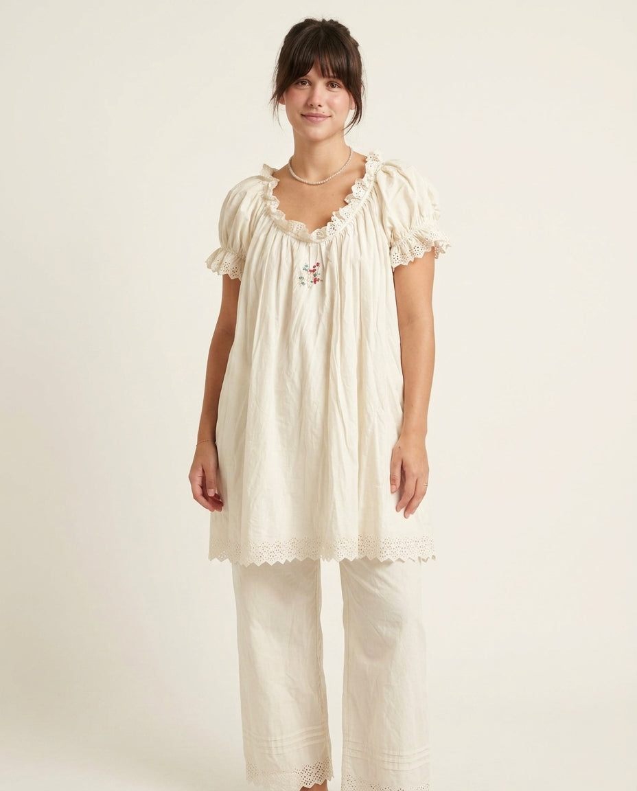 Ivory Allure Lounge Eyelet Pant Set Ivory Pant Set with Wide-Leg silhouette and Textured texture, side or back garment view for Resort Brunch, an estate dinner at golden hour, US East / Hamptons Elite by ads.floravincie