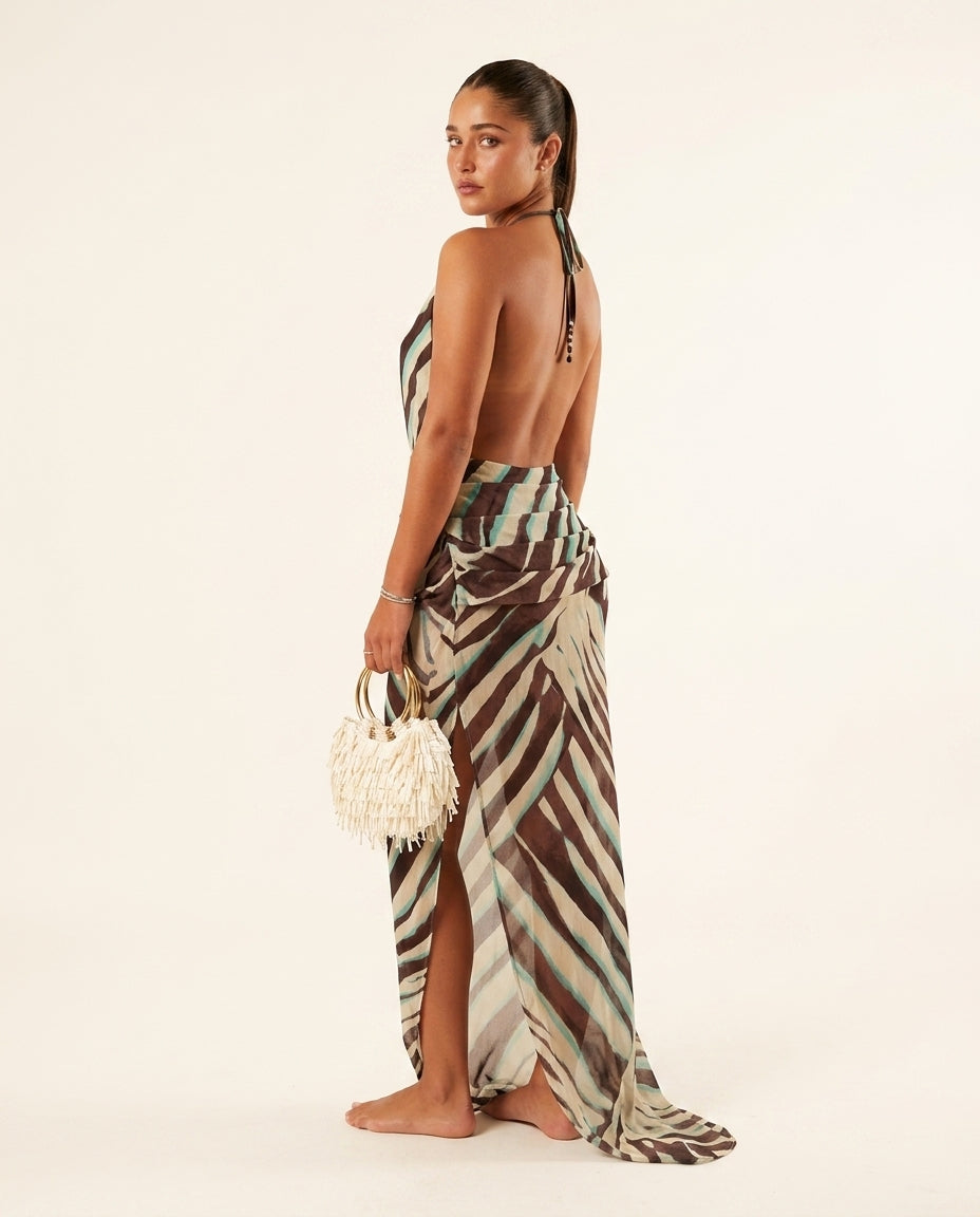Brown Gleam Resort Striped Maxi Dress Brown Maxi Dress with Relaxed Fit silhouette and Textured texture, side or back garment view for Resort Wear, a Palm Springs weekend, US Coastal Glam by ads.floravincie