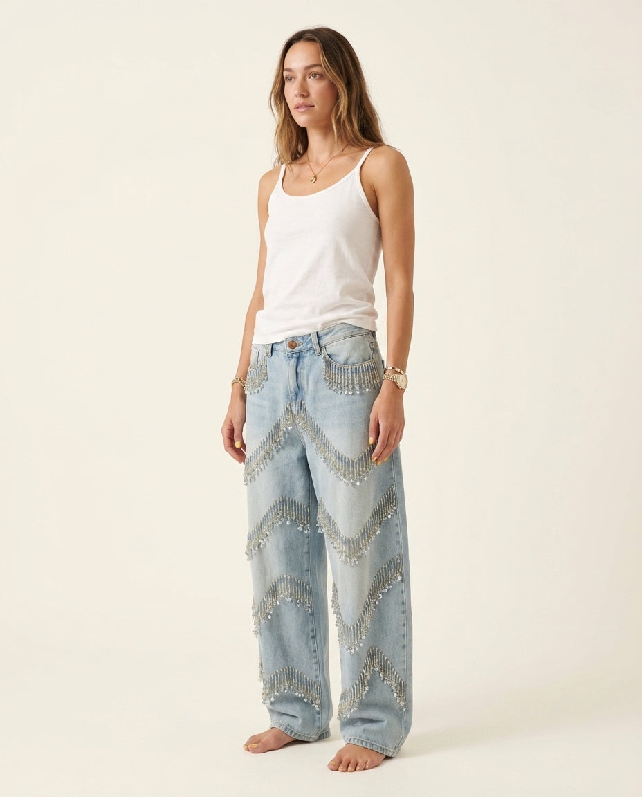 Light Blue Denim Charm Denim Pants Light Blue Denim Pants with Asymmetric silhouette and Textured texture, side or back garment view for Travel Outfit, a gallery opening in Paris, Euro Chic Premium by ads.floravincie