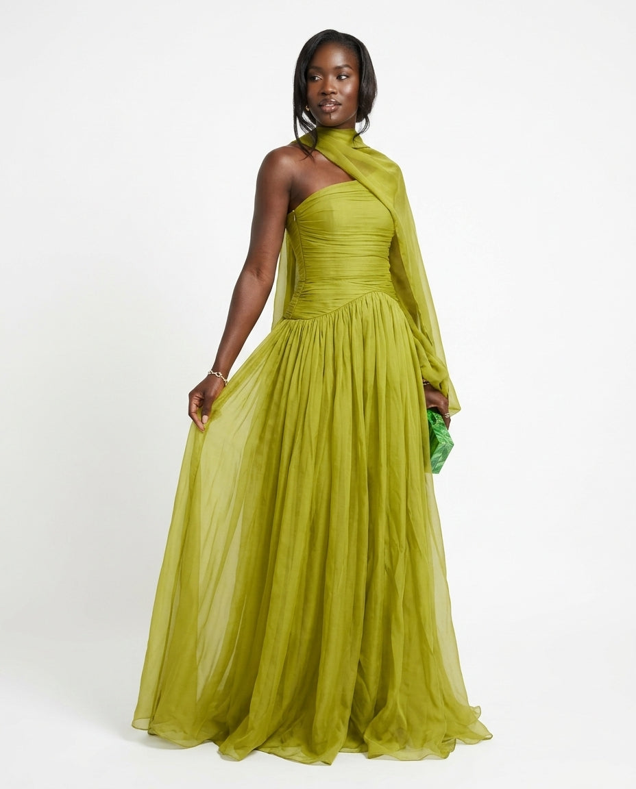 Sage Velvet Evening Ruched Maxi Dress Sage Maxi Dress with Asymmetric silhouette and Textured texture, side or back garment view for Date Night, Sunset in Malibu, US Coastal Glam by Mesadic