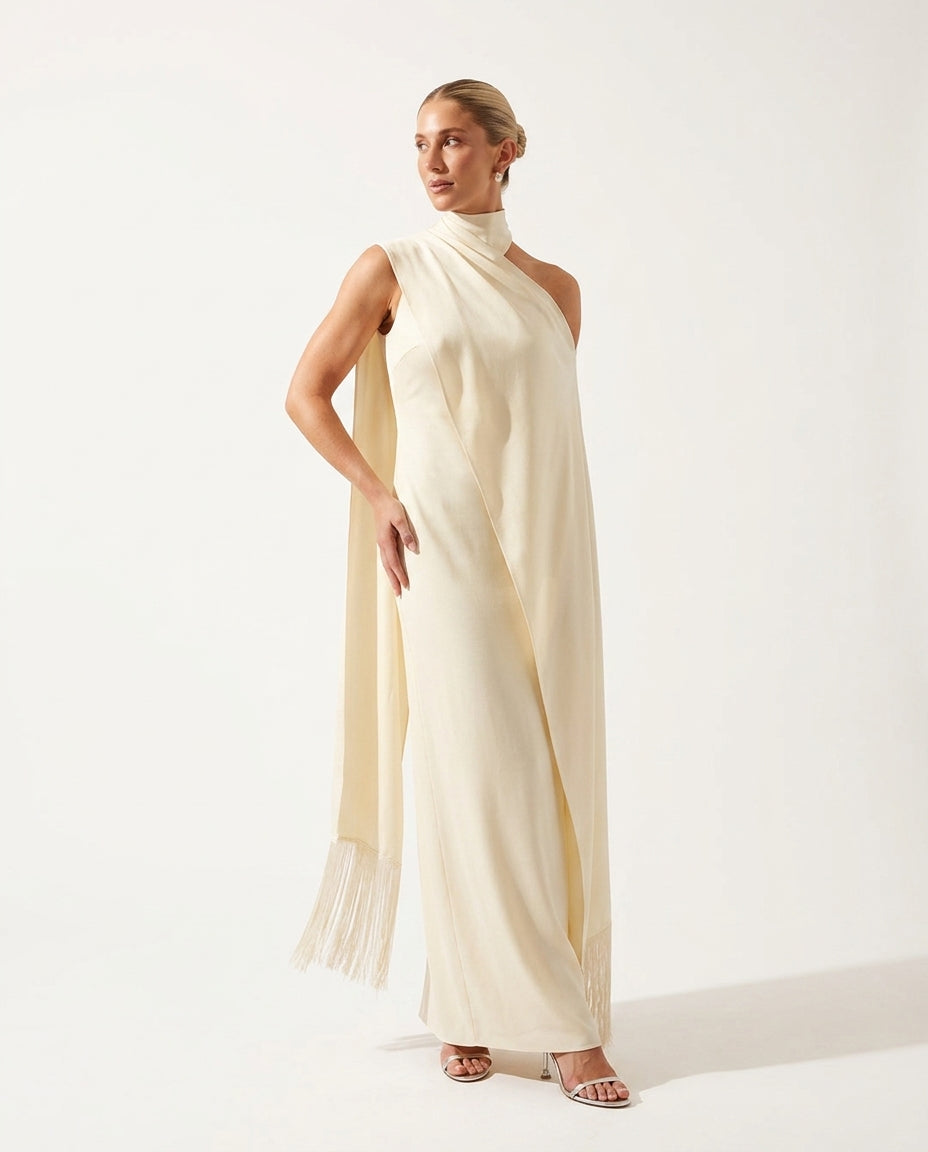 Ivory Poise Evening Fringe Maxi Dress Ivory Maxi Dress with Asymmetric silhouette and Textured texture, side or back garment view for Date Night, a private garden lunch, US East / Hamptons Elite by Mesadic