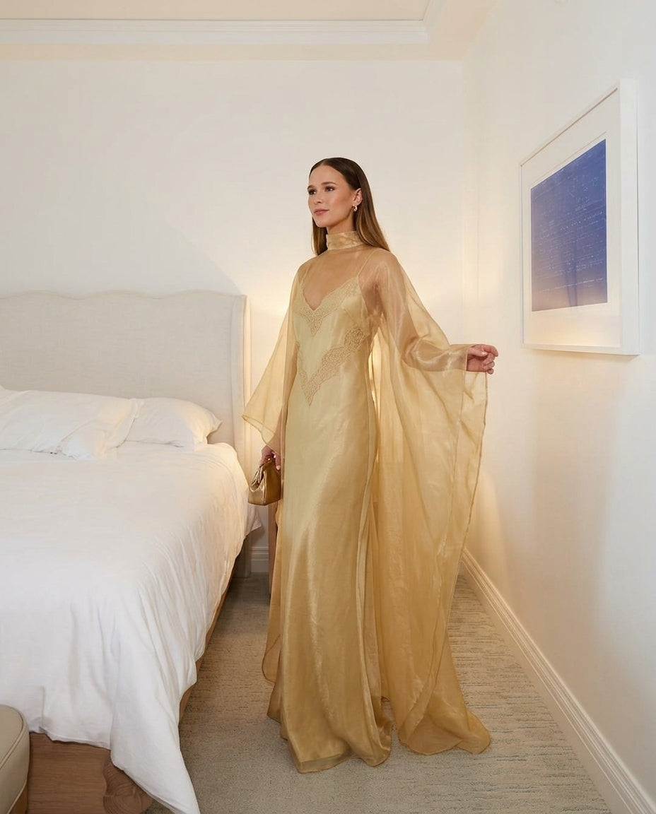 Gold Charm Evening Lace Maxi Dress Gold Maxi Dress with Asymmetric silhouette and Textured texture, side or back garment view for Date Night, a gallery opening in Paris, Euro Chic Premium by Mesadic