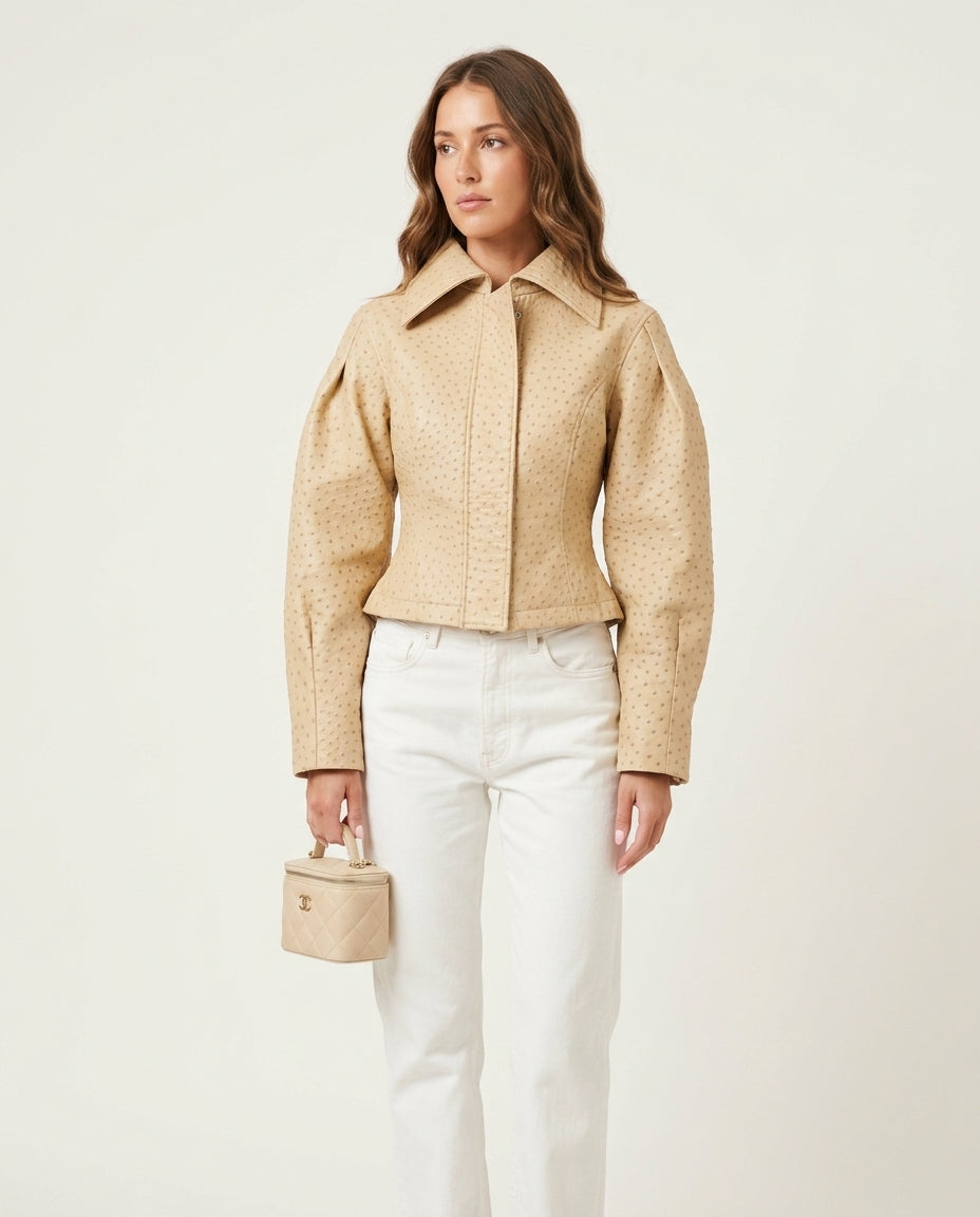 Sand Poise Summer Textured Jacket Sand Jacket with Cropped silhouette and Structured texture, side or back garment view for Office Edit, Evening in Amalfi, Euro Chic Premium by Mesadic