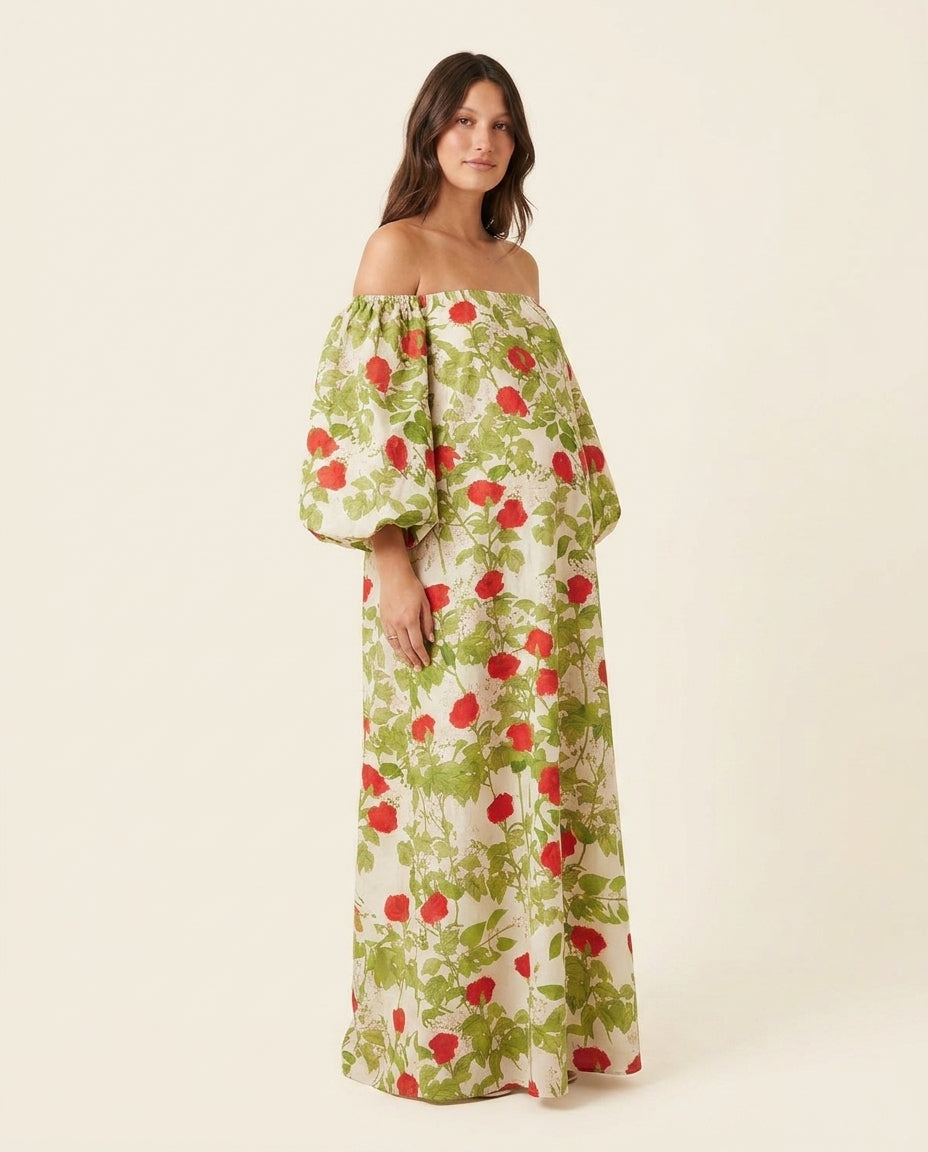 Ivory Reverie Resort Floral Maxi Dress Ivory Maxi Dress with Relaxed Fit silhouette and Linen Blend texture, side or back garment view for Resort Wear, Sunset in Malibu, US Coastal Glam by Mesadic
