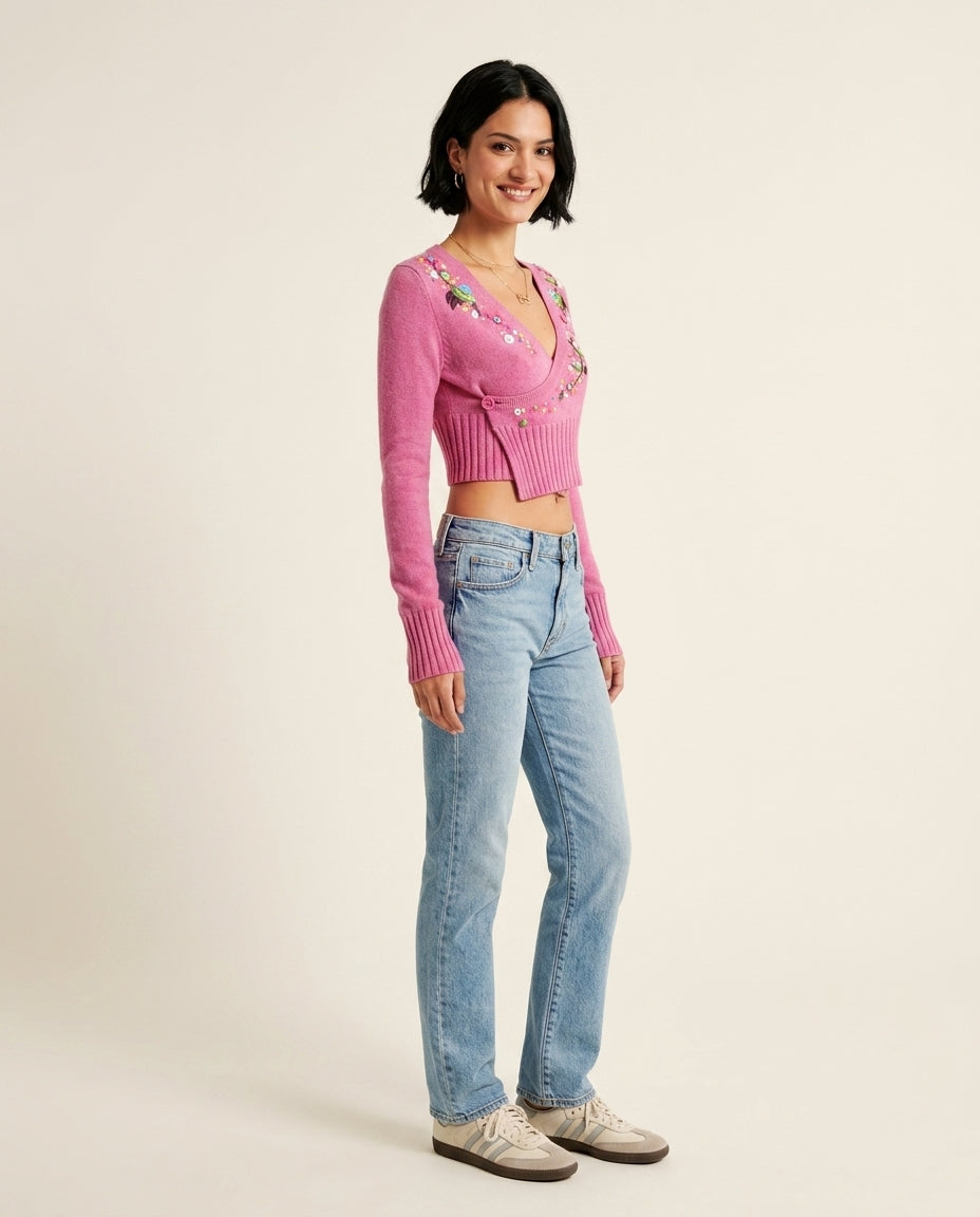 Pink Lustre Embroidered Top Pink Top with Asymmetric silhouette and Textured texture, side or back garment view for City Lunch, a private garden lunch, US East / Hamptons Elite by Mesadic