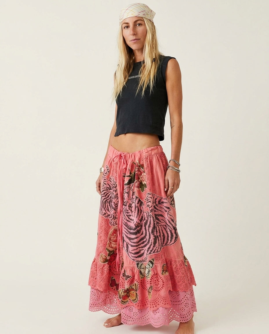 Pink Gleam Resort Eyelet Pants Pink Pants with Asymmetric silhouette and Textured texture, side or back garment view for Resort Wear, Evening in Amalfi, Euro Chic Premium by Mesadic