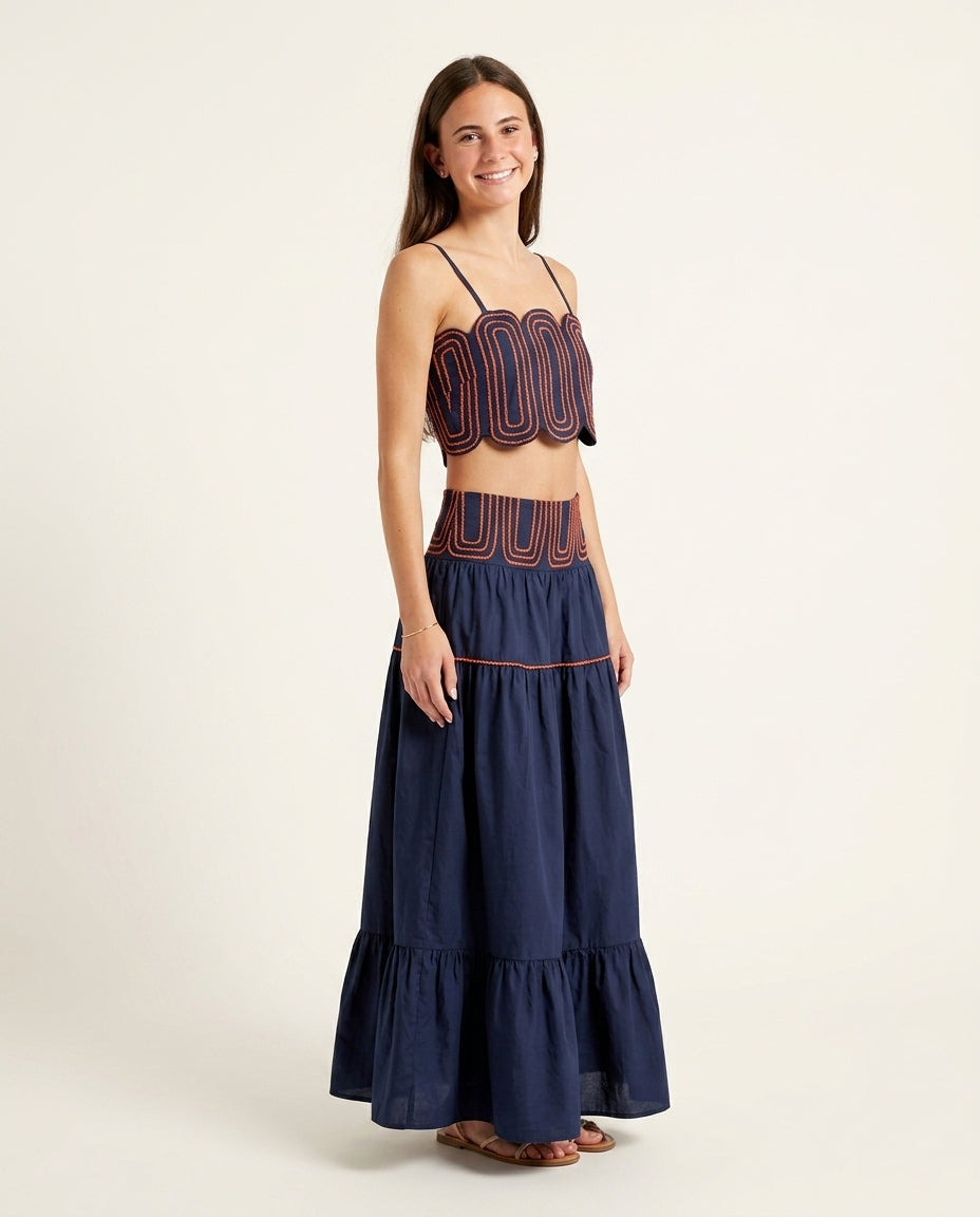 Navy Solace Resort Embroidered Skirt Set Navy Skirt Set with Asymmetric silhouette and Textured texture, side or back garment view for Resort Wear, Weekend in The Hamptons, US East / Hamptons Elite by Mesadic
