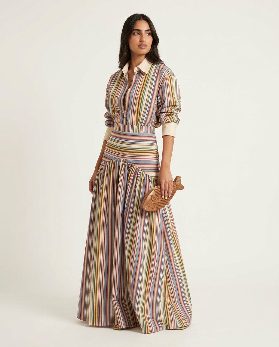 Multicolor Muse Striped Skirt Set Multicolor Skirt Set with Asymmetric silhouette and Textured texture, side or back garment view for Beach Dinner, a private garden lunch, US East / Hamptons Elite by Mesadic
