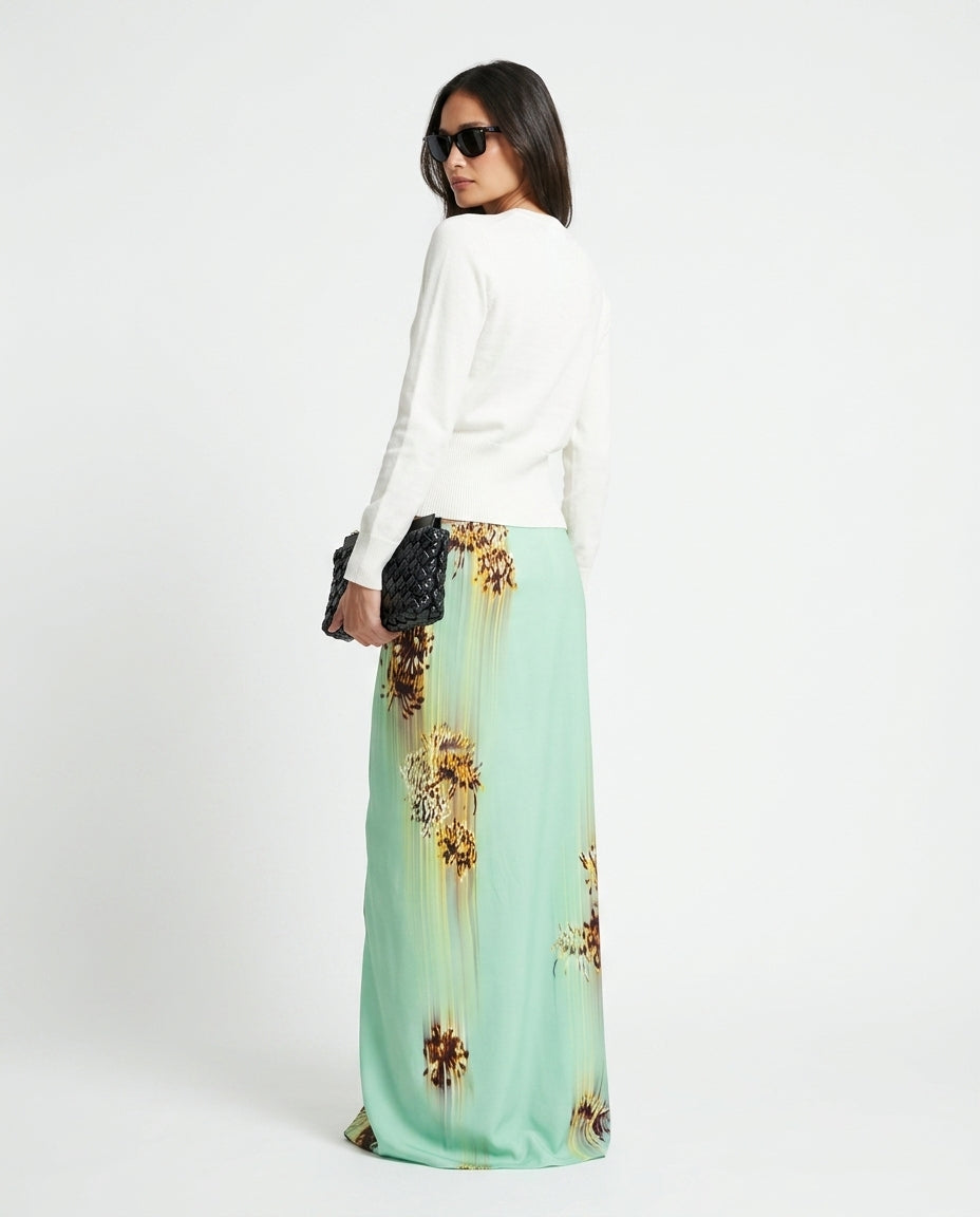 Ivory Lustre Summer Floral Skirt Set Ivory Skirt Set with Asymmetric silhouette and Ribbed Knit texture, side or back garment view for Vacation Set, a rooftop dinner in LA, US Coastal Glam by ads.floravincie