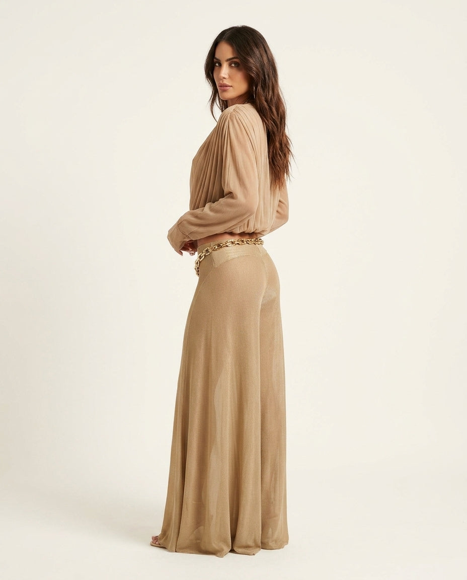 Sand Muse Two-Piece Set Sand Two-Piece Set with Relaxed Fit silhouette and Textured texture, side or back garment view for Weekend Escape, a private garden lunch, US East / Hamptons Elite by ads.floravincie