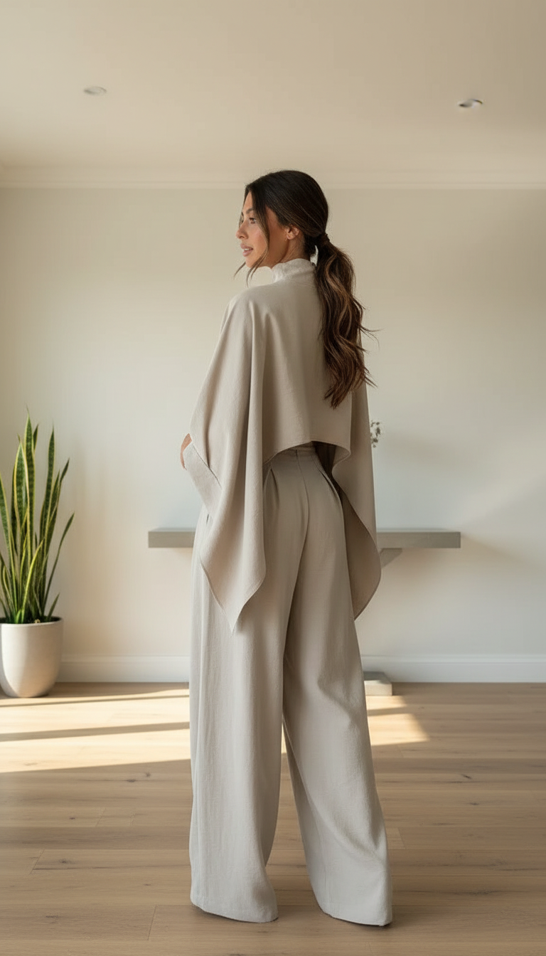 Beige Pleated Wide-Leg Cropped Pant Set product image 3