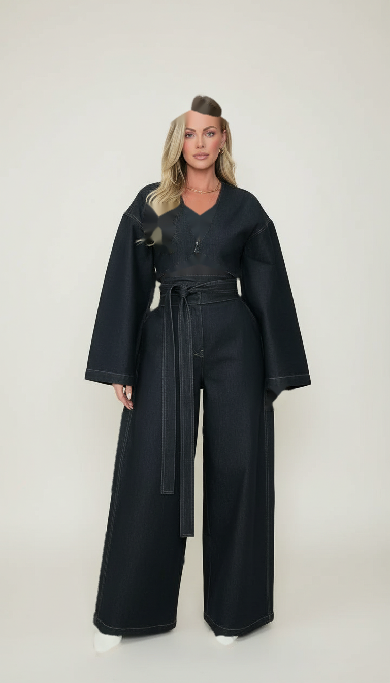 Black V-Neck Wide-Leg Belted Wide-Leg Jumpsuit product image 3