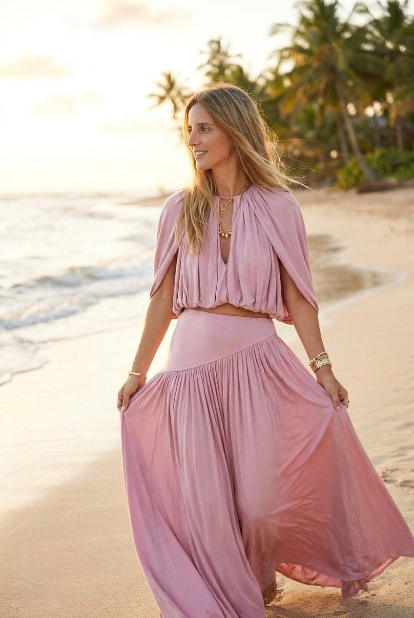 Pleated Crop Top and Maxi Skirt Set