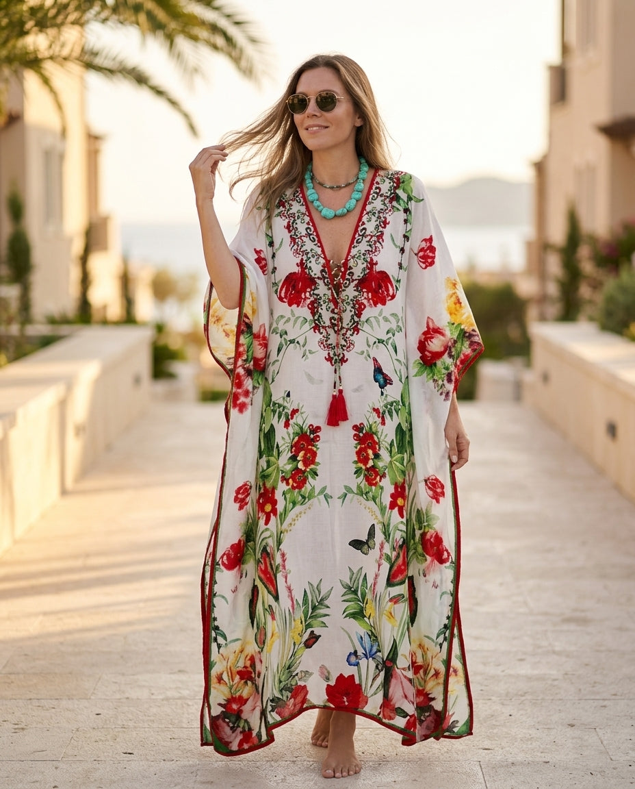 Ivory Glow Resort Embroidered Maxi Dress Ivory Maxi Dress with Relaxed Fit silhouette and Textured texture, lifestyle scene image for Resort Wear, a private garden lunch, US East / Hamptons Elite by ads.floravincie