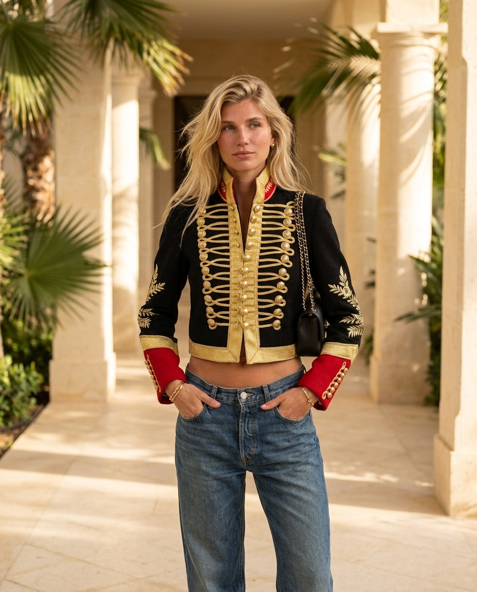 Black Velvet Summer Embroidered Jacket Black Jacket with Tailored silhouette and Textured texture, lifestyle scene image for Business Casual, an estate dinner at golden hour, US East / Hamptons Elite by ads.floravincie
