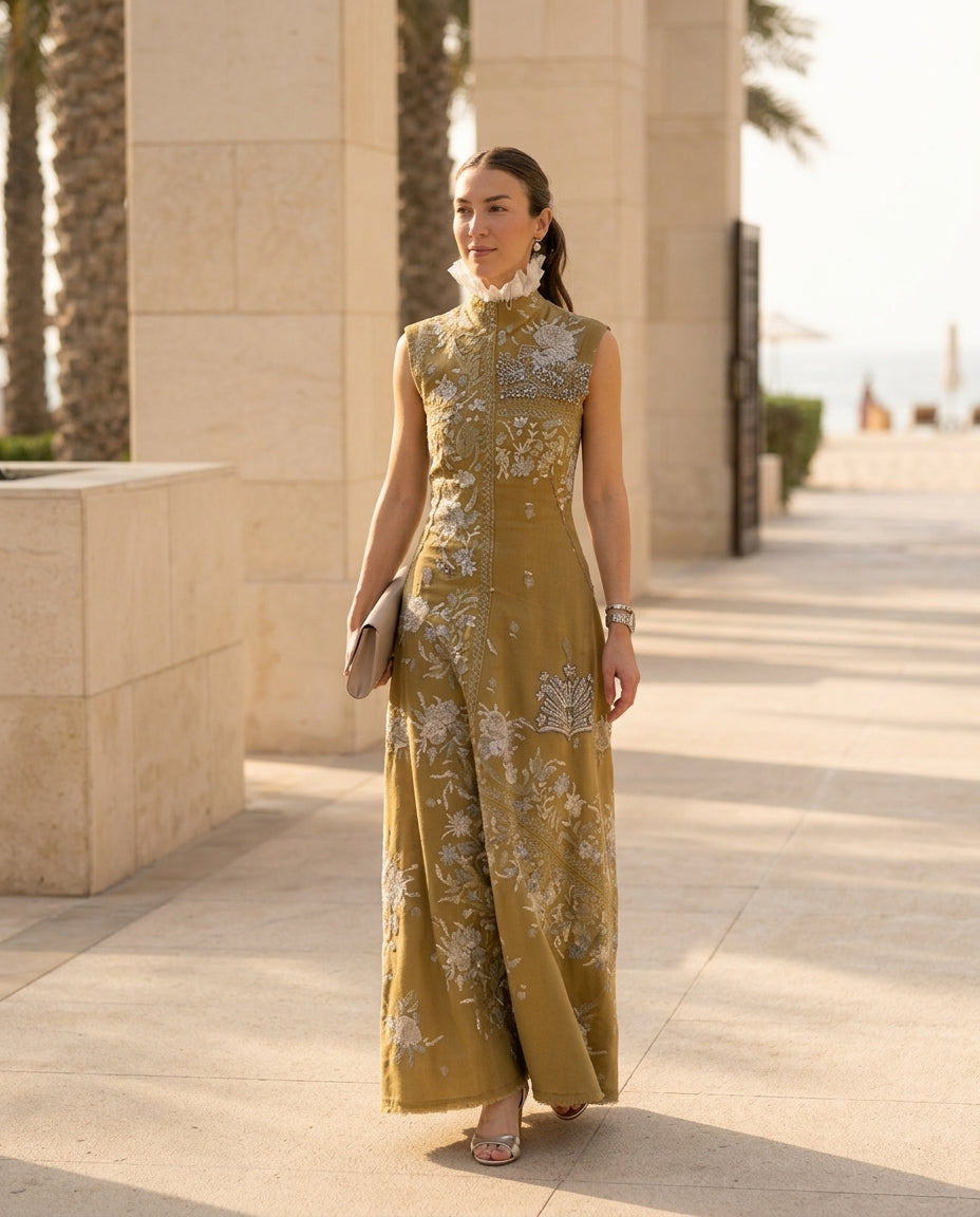 Olive Green Glow Summer Embroidered Maxi Dress Olive Green Maxi Dress with Asymmetric silhouette and Linen Blend texture, lifestyle scene image for Resort Dinner, Weekend in The Hamptons, US East / Hamptons Elite by ads.floravincie