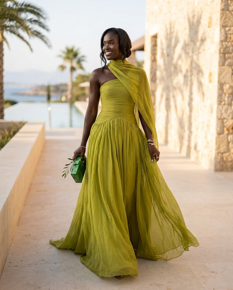 Sage Velvet Evening Ruched Maxi Dress Sage Maxi Dress with Asymmetric silhouette and Textured texture, lifestyle scene image for Date Night, Sunset in Malibu, US Coastal Glam by Mesadic