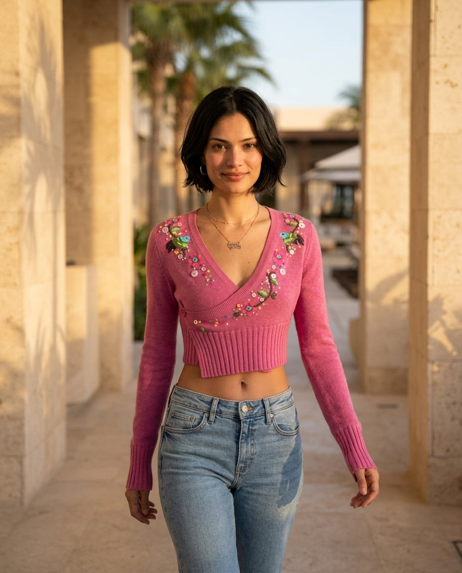 Pink Lustre Embroidered Top Pink Top with Asymmetric silhouette and Textured texture, lifestyle scene image for City Lunch, a private garden lunch, US East / Hamptons Elite by Mesadic