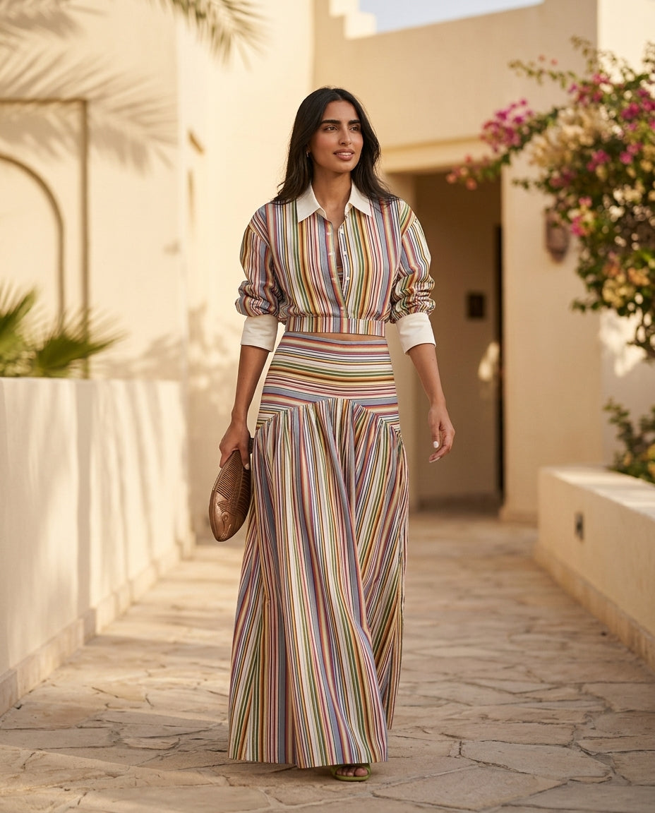 Multicolor Muse Striped Skirt Set Multicolor Skirt Set with Asymmetric silhouette and Textured texture, lifestyle scene image for Beach Dinner, a private garden lunch, US East / Hamptons Elite by Mesadic