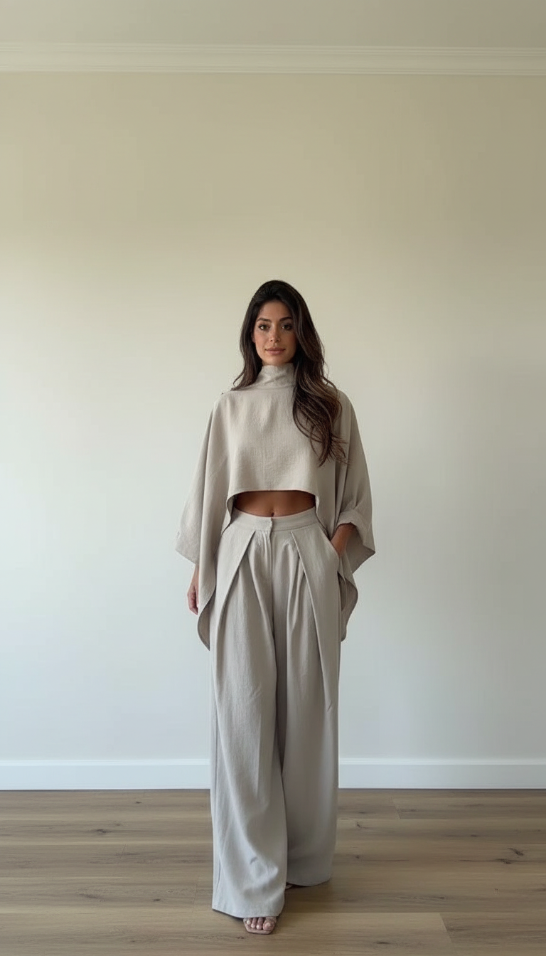 Beige Pleated Wide-Leg Cropped Pant Set product image 4