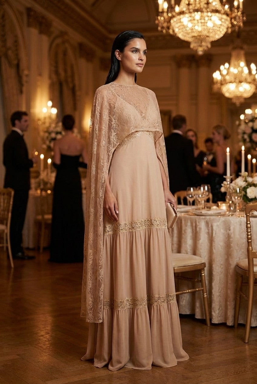 Floral Lace Cape Maxi Dress Flowing Tiered Formal Gown