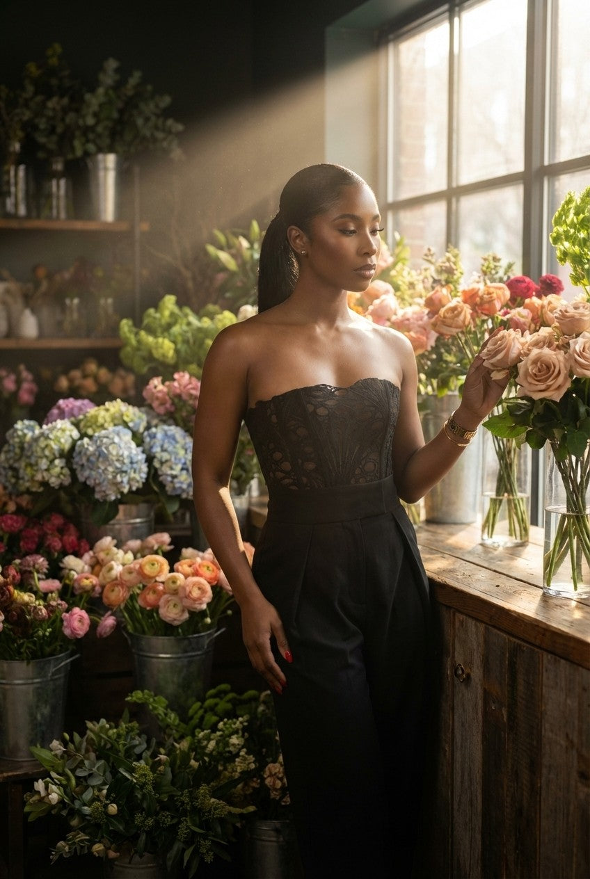 Lace Strapless Corset and High-Waisted Wide Leg Trousers Set