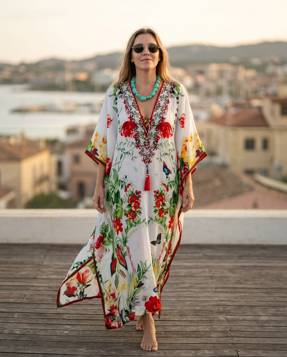 Ivory Glow Resort Embroidered Maxi Dress Ivory Maxi Dress with Relaxed Fit silhouette and Textured texture, outdoor styling image for Resort Wear, a private garden lunch, US East / Hamptons Elite by ads.floravincie