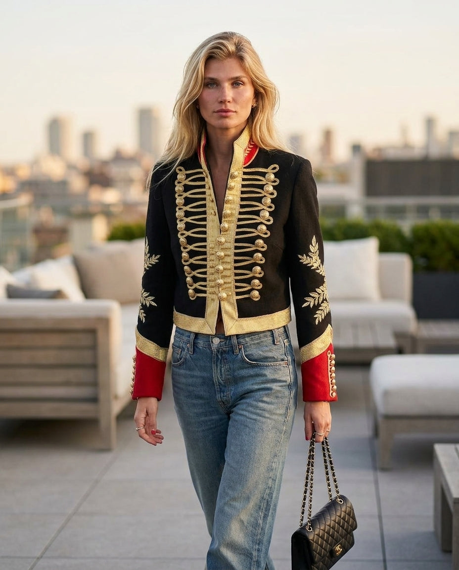Black Velvet Summer Embroidered Jacket Black Jacket with Tailored silhouette and Textured texture, outdoor styling image for Business Casual, an estate dinner at golden hour, US East / Hamptons Elite by ads.floravincie