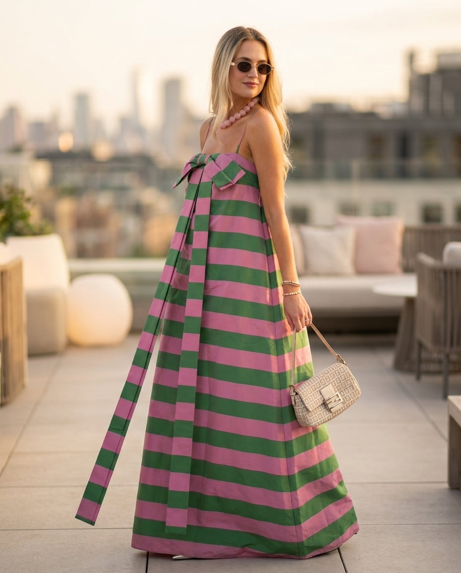 Pink Grace Resort Striped Romper Pink Romper with Relaxed Fit silhouette and Poplin texture, outdoor styling image for Resort Wear, a rooftop dinner in LA, US Coastal Glam by ads.floravincie