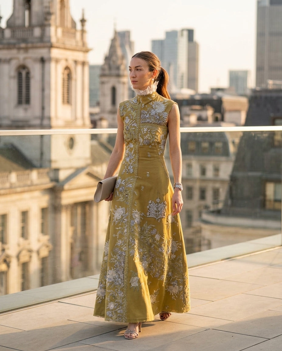 Olive Green Glow Summer Embroidered Maxi Dress Olive Green Maxi Dress with Asymmetric silhouette and Linen Blend texture, outdoor styling image for Resort Dinner, Weekend in The Hamptons, US East / Hamptons Elite by ads.floravincie