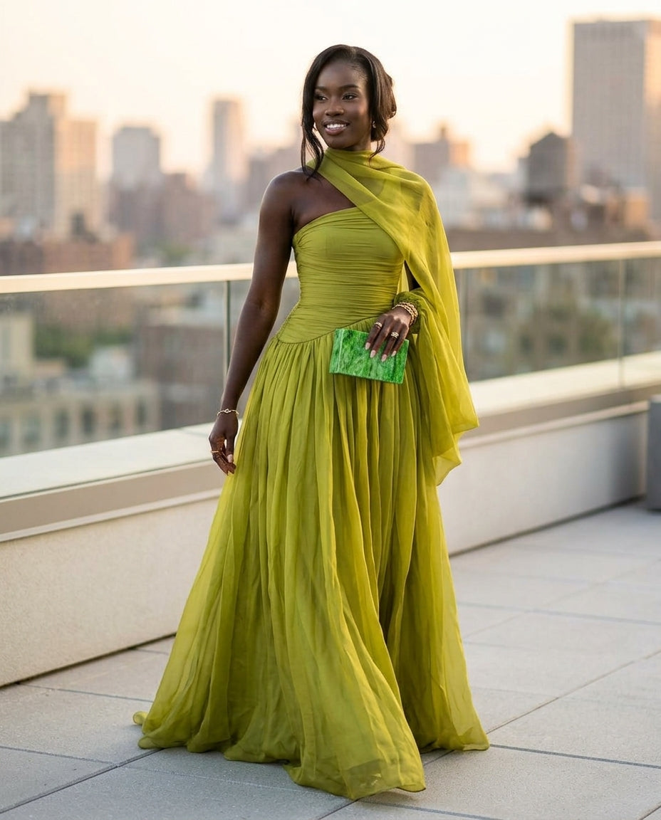 Sage Velvet Evening Ruched Maxi Dress Sage Maxi Dress with Asymmetric silhouette and Textured texture, outdoor styling image for Date Night, Sunset in Malibu, US Coastal Glam by Mesadic