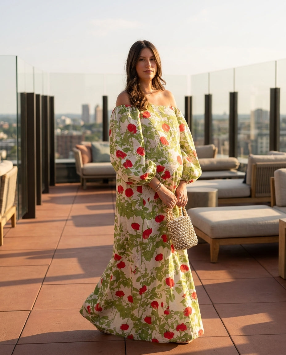 Ivory Reverie Resort Floral Maxi Dress Ivory Maxi Dress with Relaxed Fit silhouette and Linen Blend texture, outdoor styling image for Resort Wear, Sunset in Malibu, US Coastal Glam by Mesadic