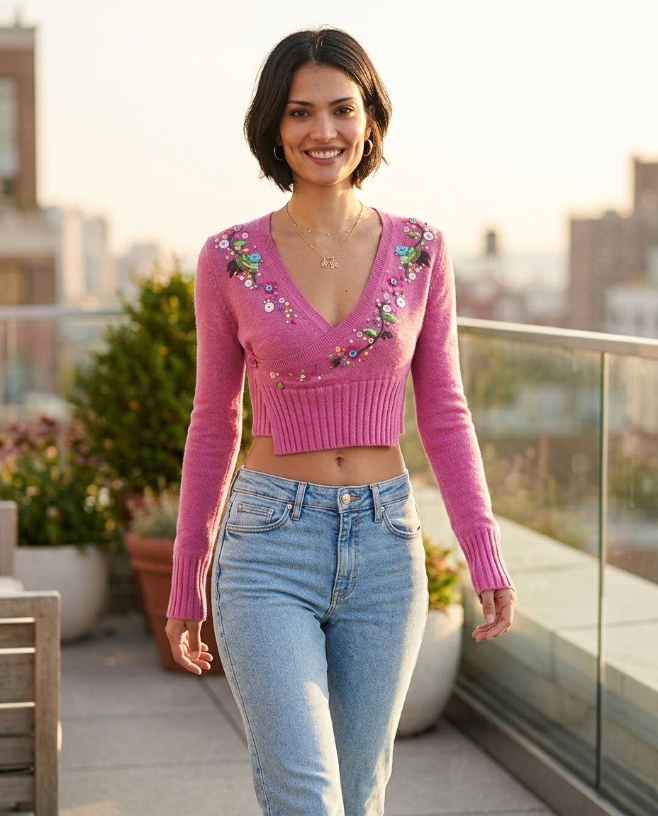 Pink Lustre Embroidered Top Pink Top with Asymmetric silhouette and Textured texture, outdoor styling image for City Lunch, a private garden lunch, US East / Hamptons Elite by Mesadic