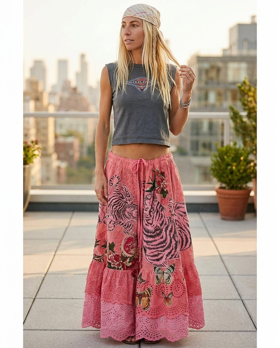 Pink Gleam Resort Eyelet Pants Pink Pants with Asymmetric silhouette and Textured texture, outdoor styling image for Resort Wear, Evening in Amalfi, Euro Chic Premium by Mesadic