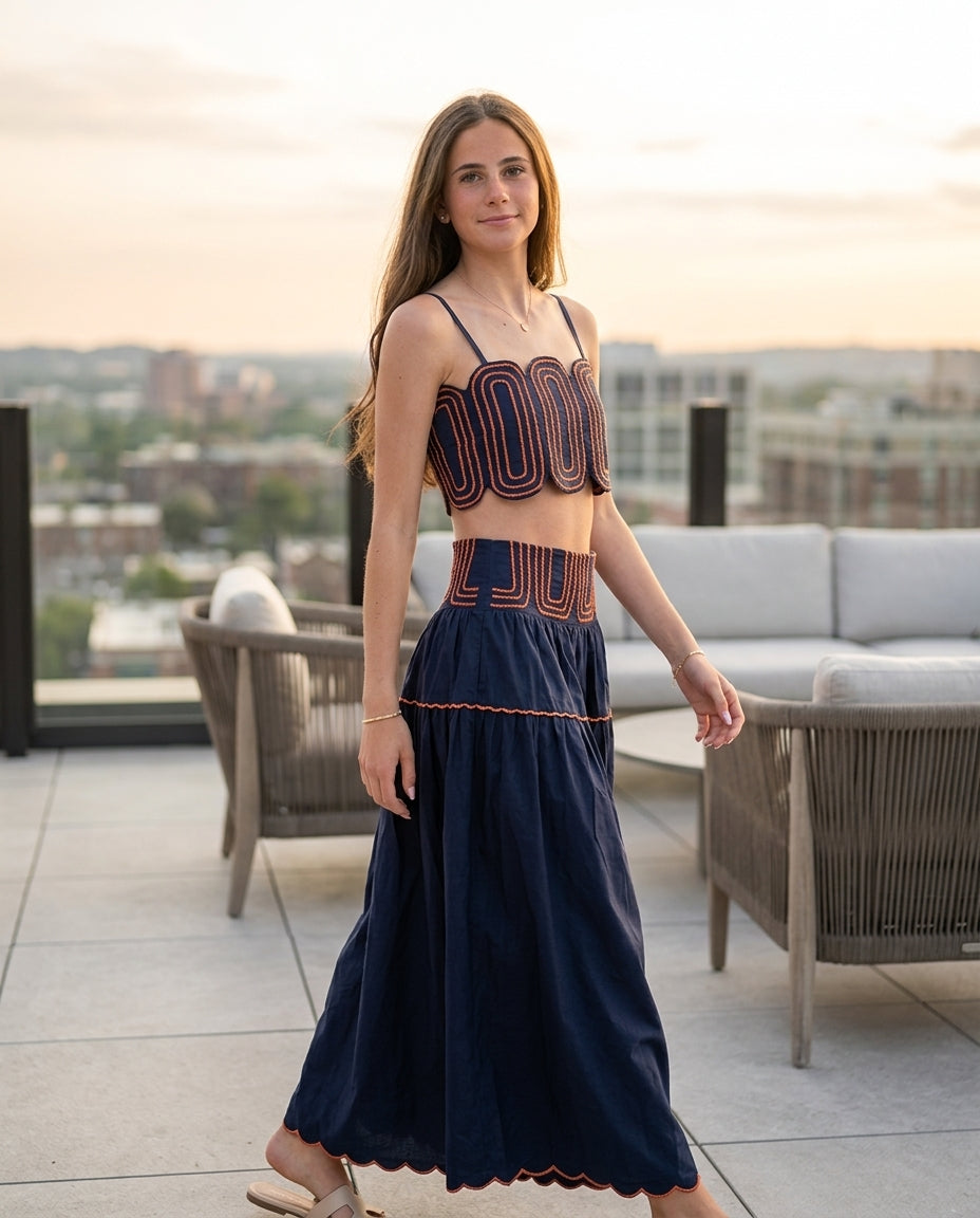 Navy Solace Resort Embroidered Skirt Set Navy Skirt Set with Asymmetric silhouette and Textured texture, outdoor styling image for Resort Wear, Weekend in The Hamptons, US East / Hamptons Elite by Mesadic
