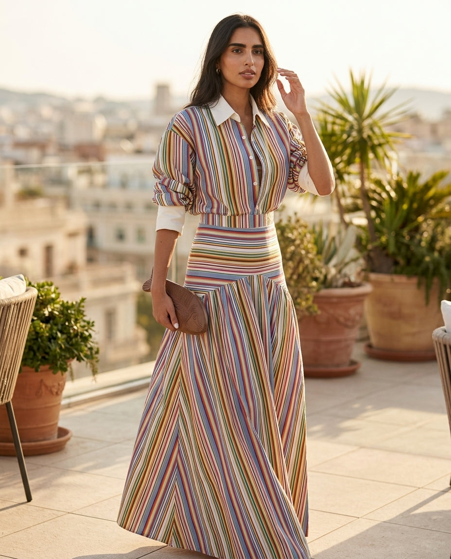 Multicolor Muse Striped Skirt Set Multicolor Skirt Set with Asymmetric silhouette and Textured texture, outdoor styling image for Beach Dinner, a private garden lunch, US East / Hamptons Elite by Mesadic