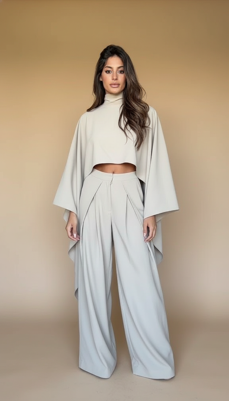 Beige Pleated Wide-Leg Cropped Pant Set product image 5