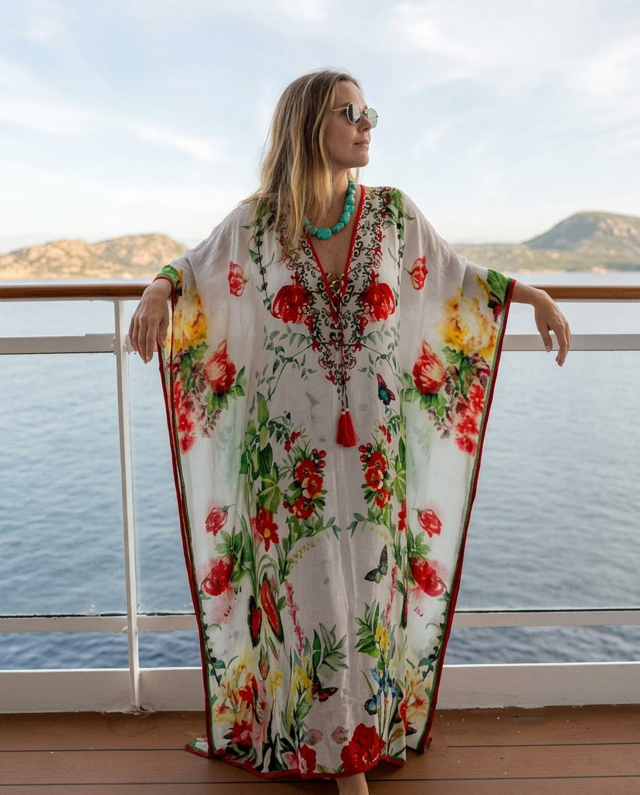 Ivory Glow Resort Embroidered Maxi Dress Ivory Maxi Dress with Relaxed Fit silhouette and Textured texture, editorial ecommerce scene for Resort Wear, a private garden lunch, US East / Hamptons Elite by ads.floravincie